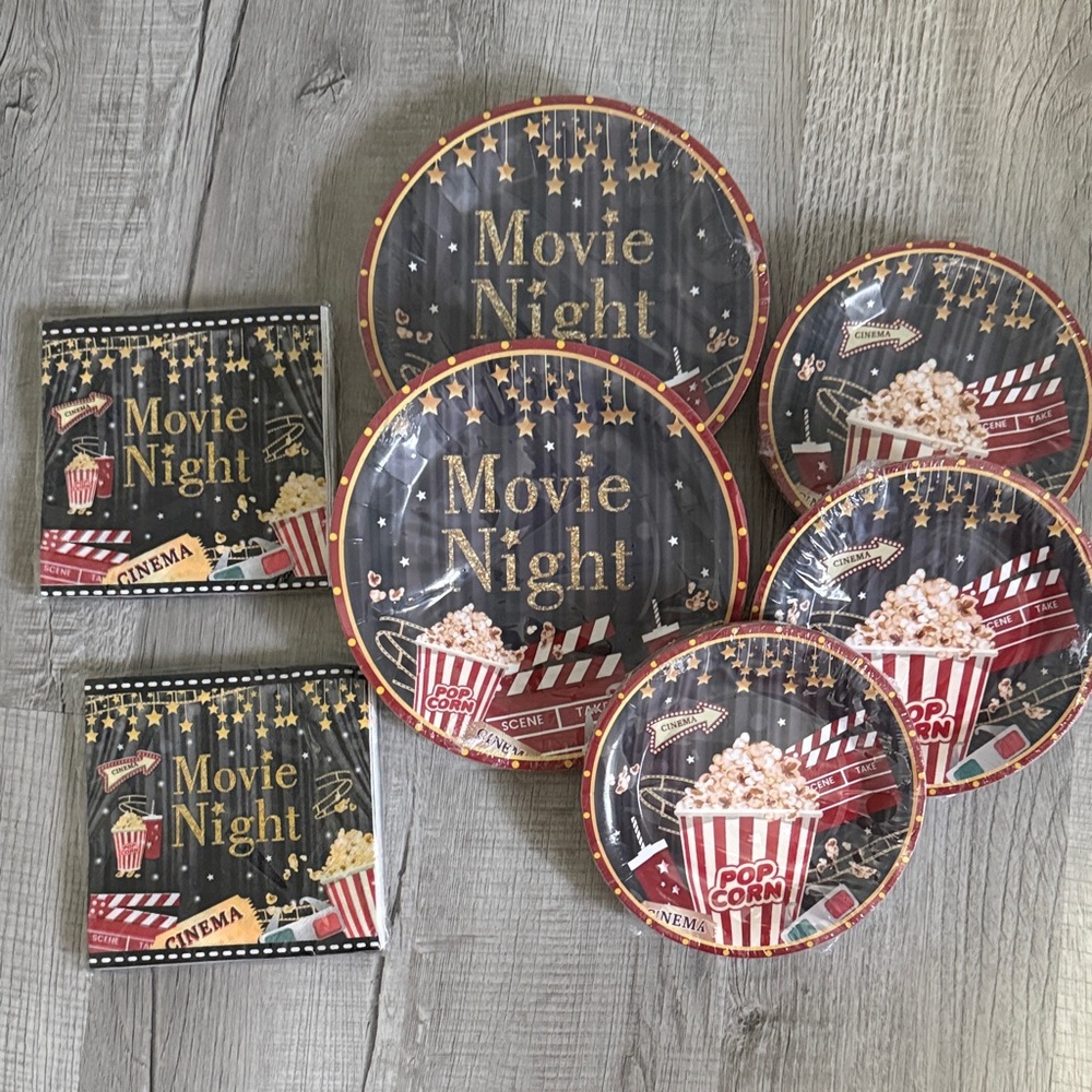 Movie Night Disposable Party 100+Plates & 2 Napkins Sets  - Black & Red